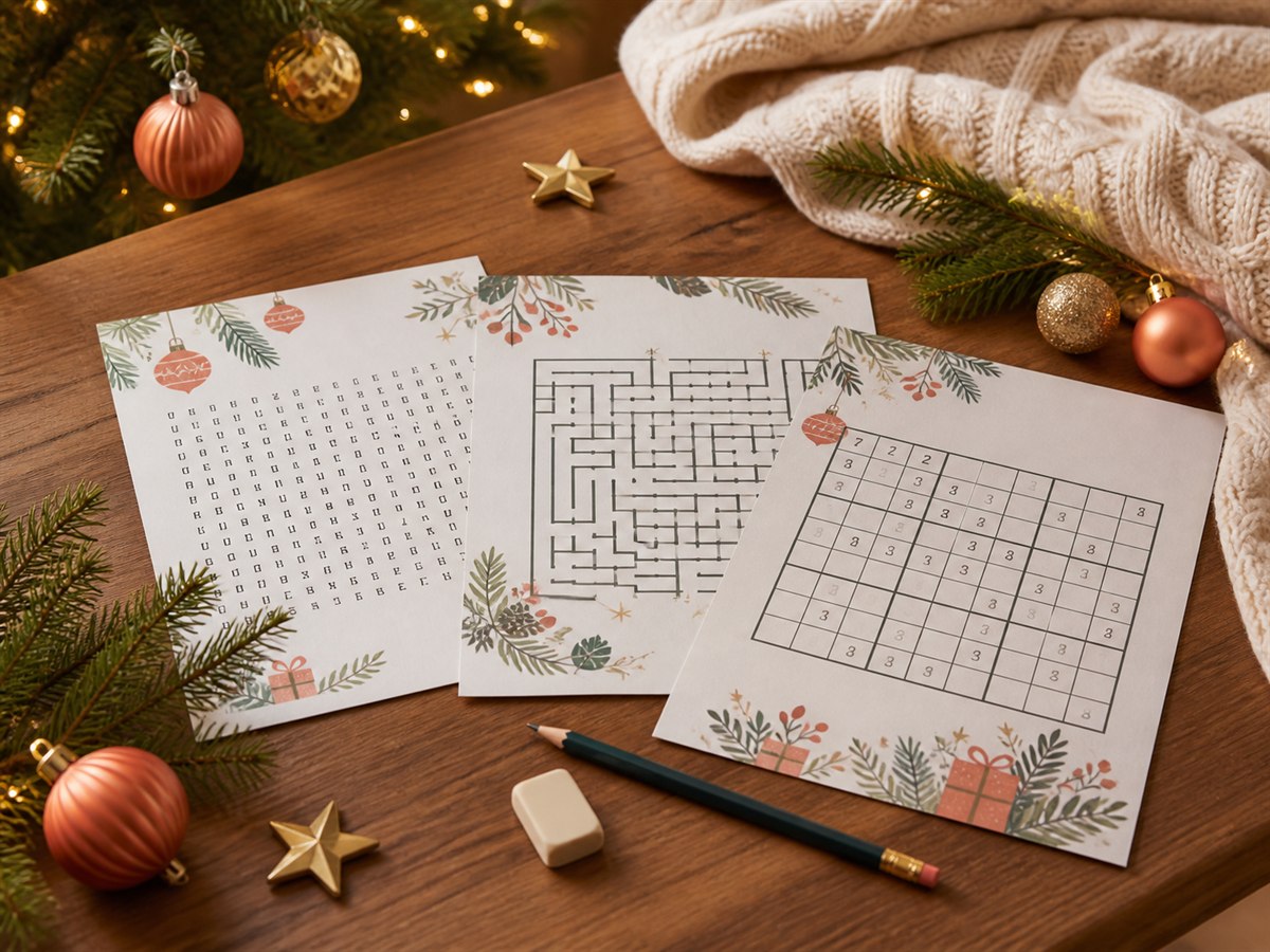 Christmas puzzle sheets on a warm wooden table with evergreen branches and ornaments
