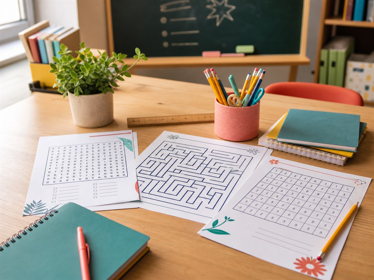 Classroom puzzle worksheets with notebooks, rulers and colorful pencils