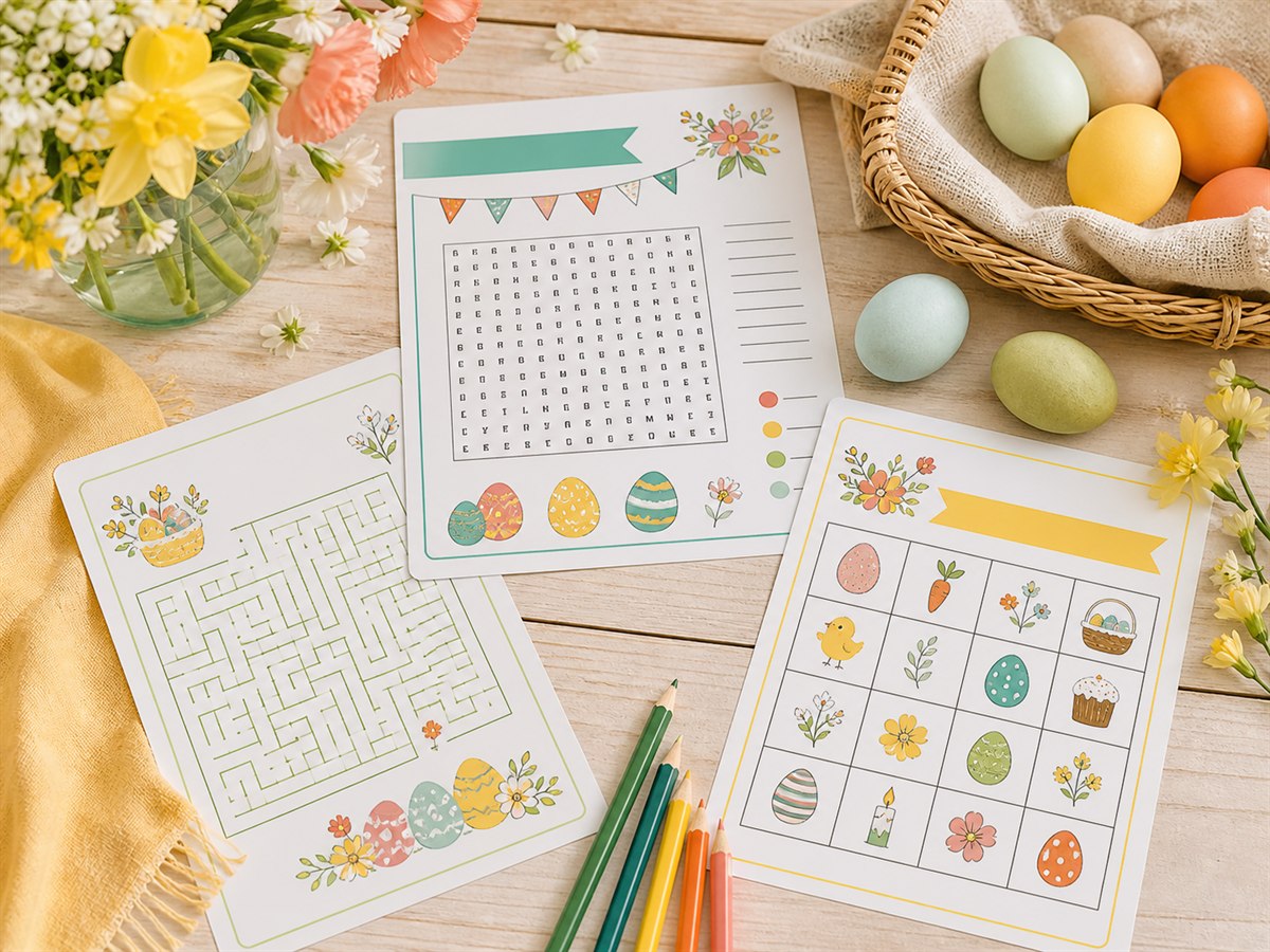 Easter word search, maze and bingo sheets with spring flowers and dyed eggs