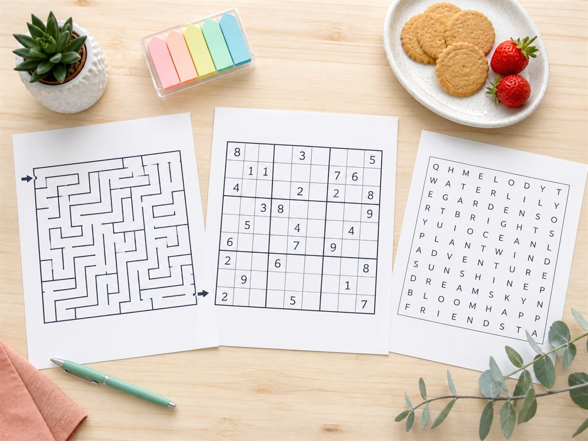 Uncluttered beginner maze, Sudoku and word search sheets on a bright birch desk