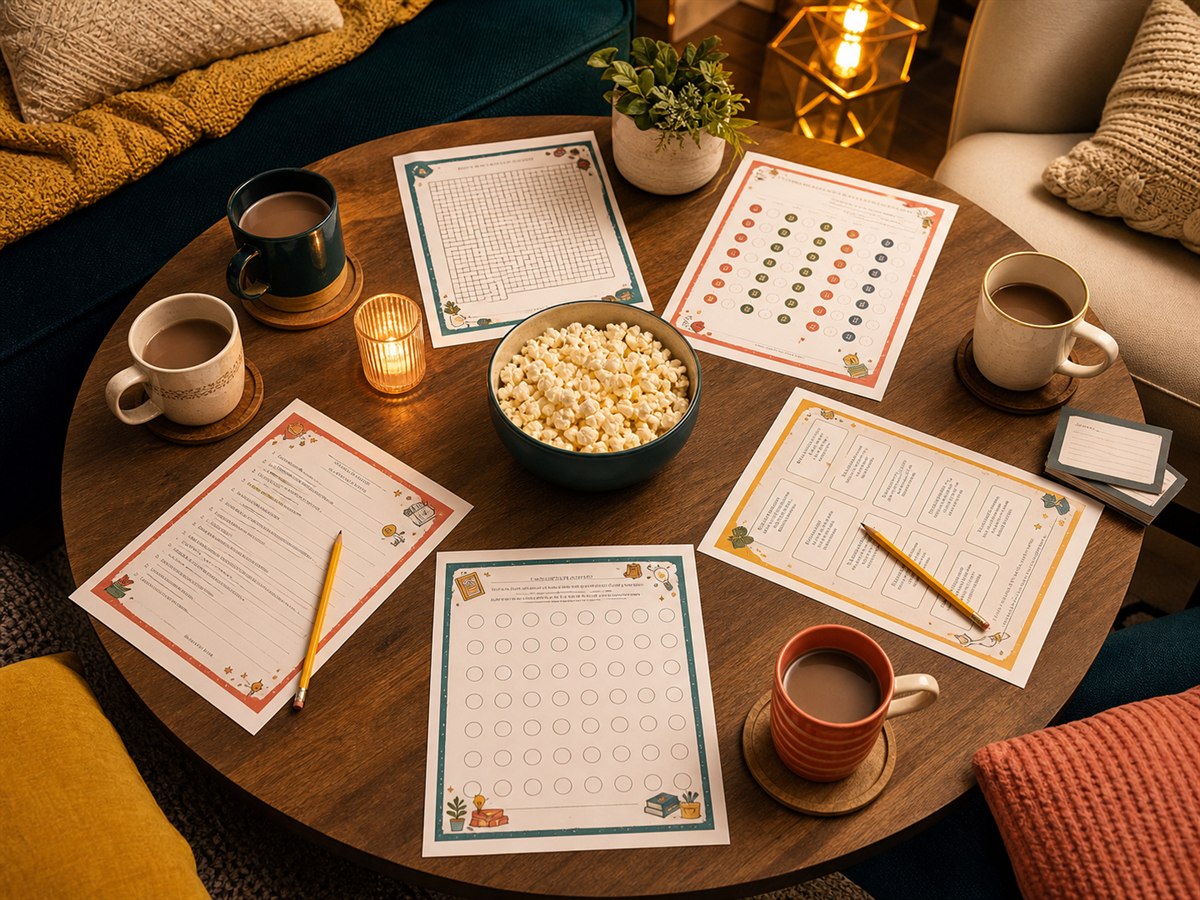 Family game-night puzzle sheets arranged around a cozy coffee table