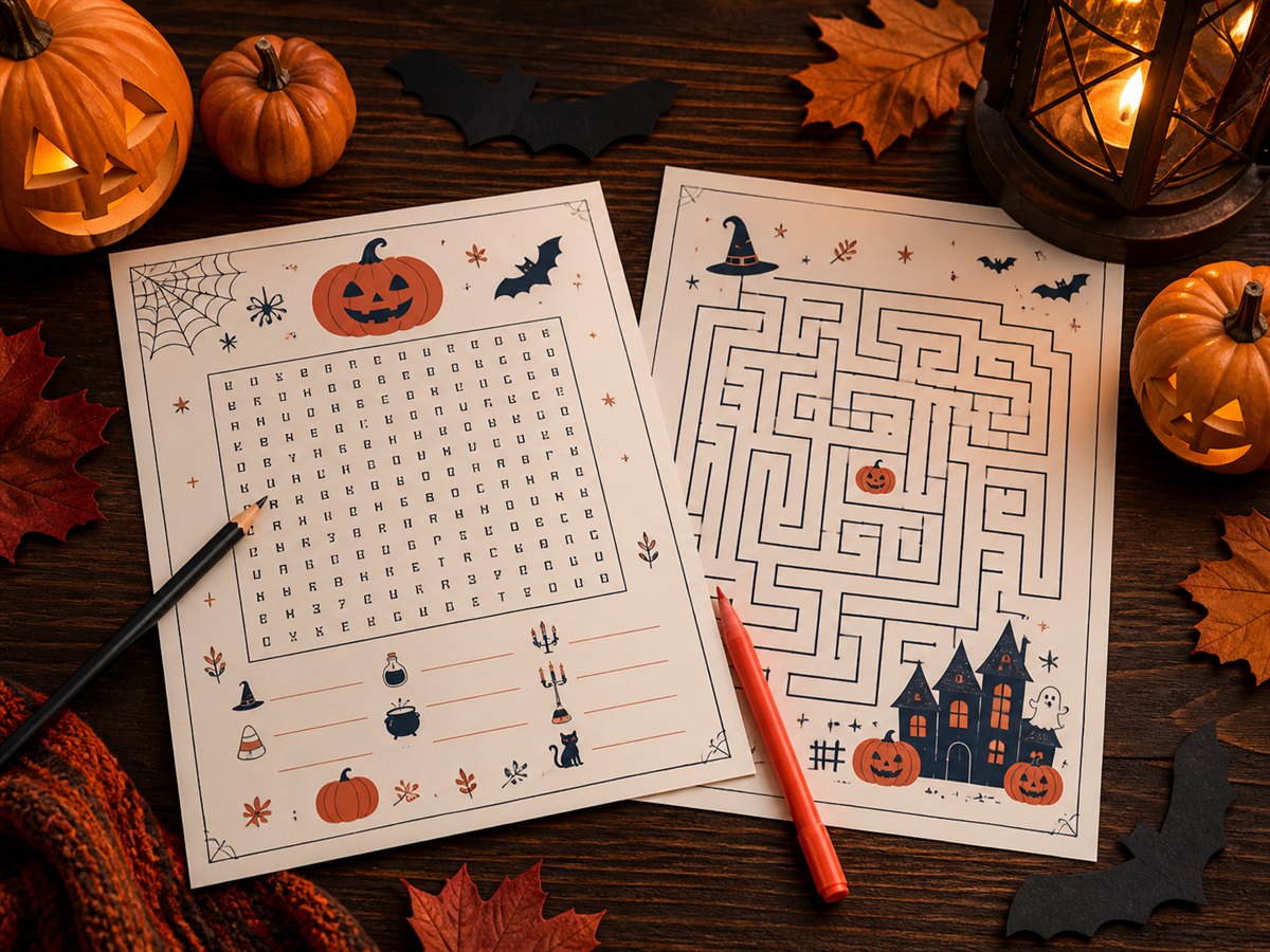 Halloween word search and maze sheets beside pumpkins, autumn leaves and a lantern