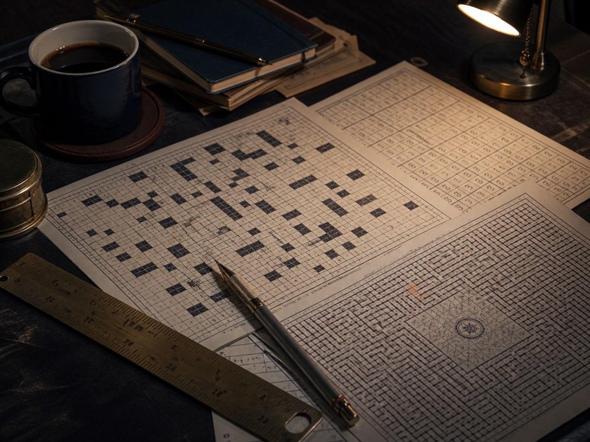 Dense expert crossword, Sudoku and maze sheets under a focused desk lamp