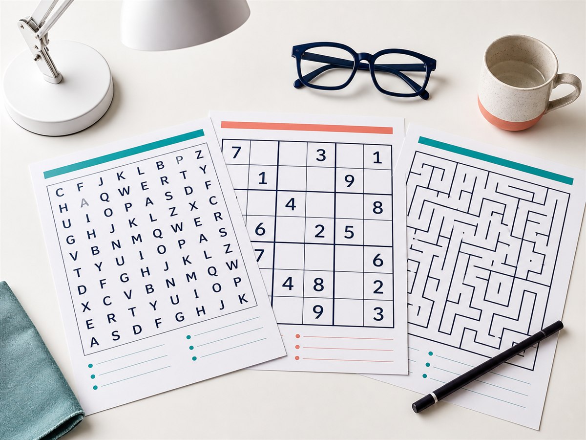 Large-print word search, Sudoku and maze sheets on a clear accessible desk