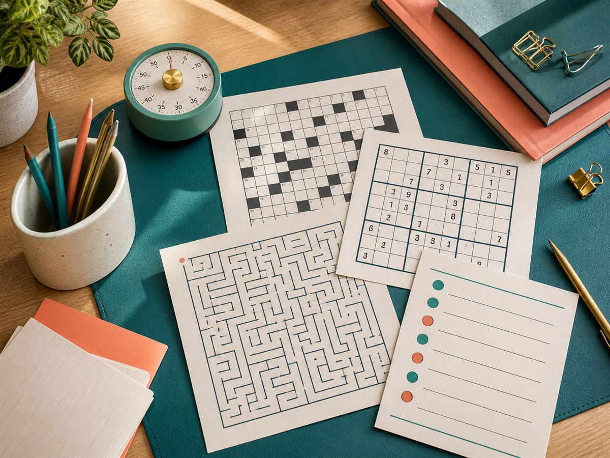 Balanced crossword, Sudoku and maze sheets on an organized teal desk pad