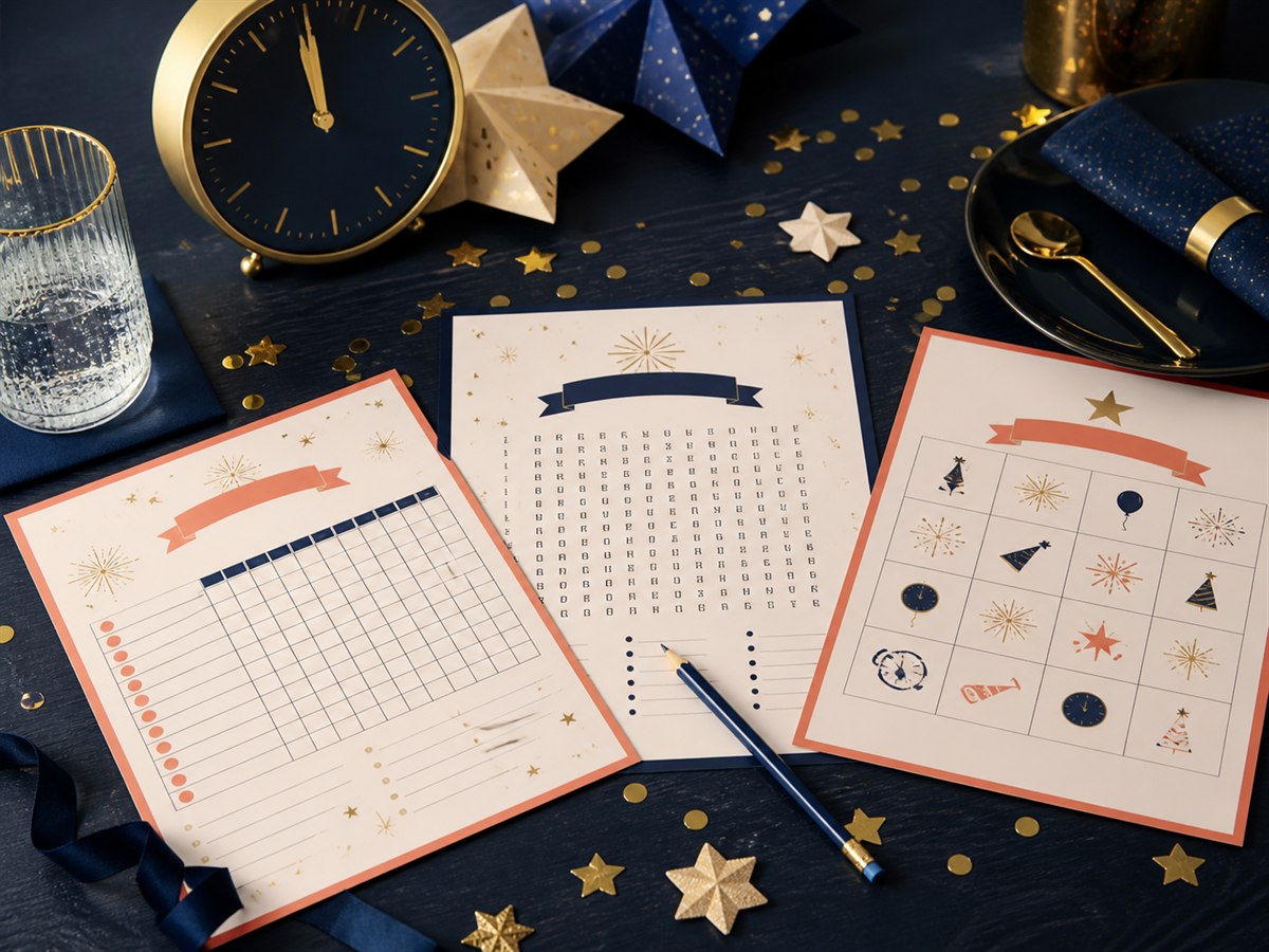 New Year puzzle sheets on a midnight-blue table with paper stars and a clock