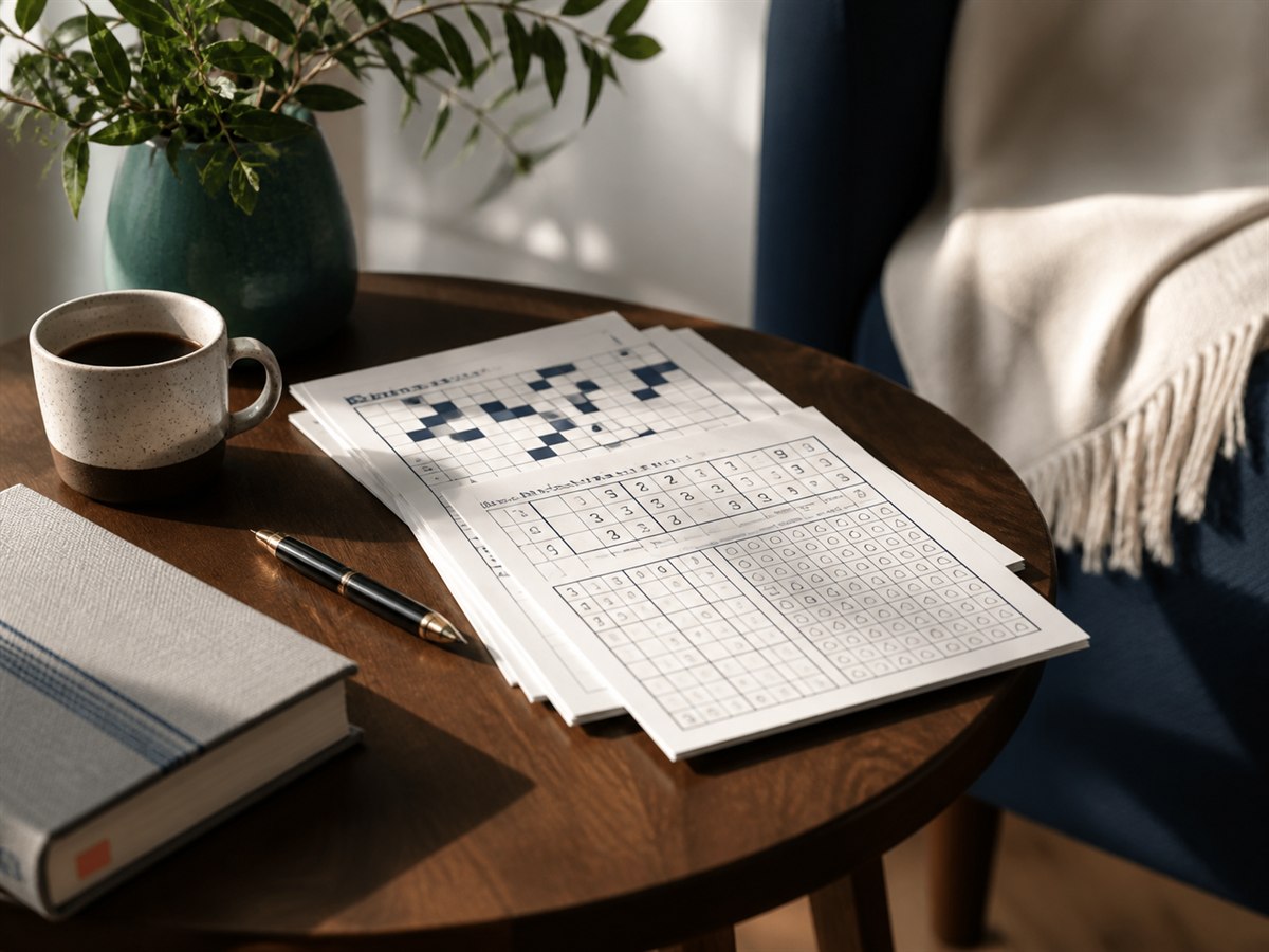 Challenging printable puzzles in a calm modern reading nook