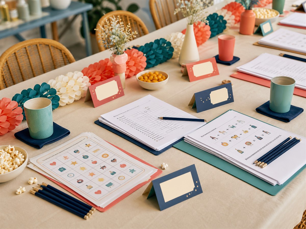 Team trivia, bingo and rebus sheets prepared along a celebration table
