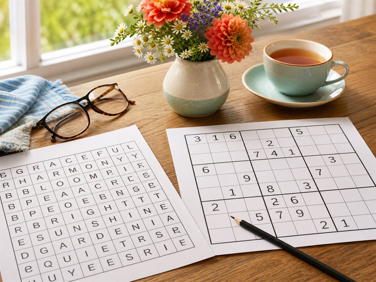 Comfortable word search and Sudoku sheets beside reading glasses, tea and flowers