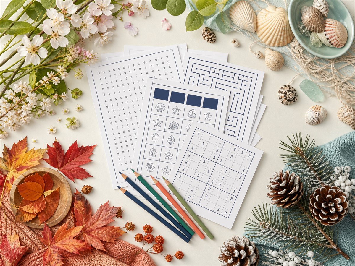 A year-round puzzle stack framed by spring blossoms, shells, autumn leaves and winter pine