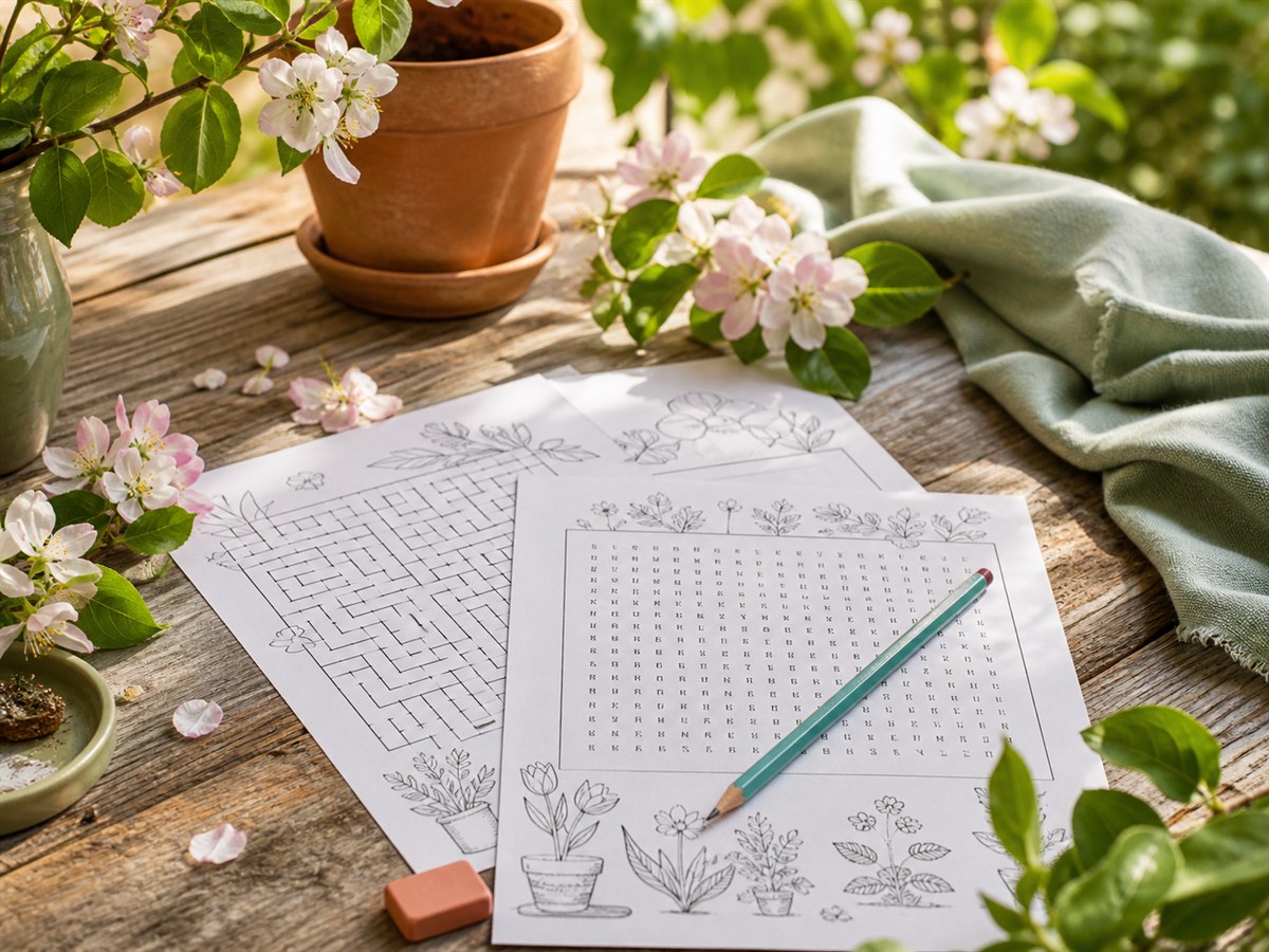 Spring garden puzzle sheets on a sunlit potting bench with fresh blossoms