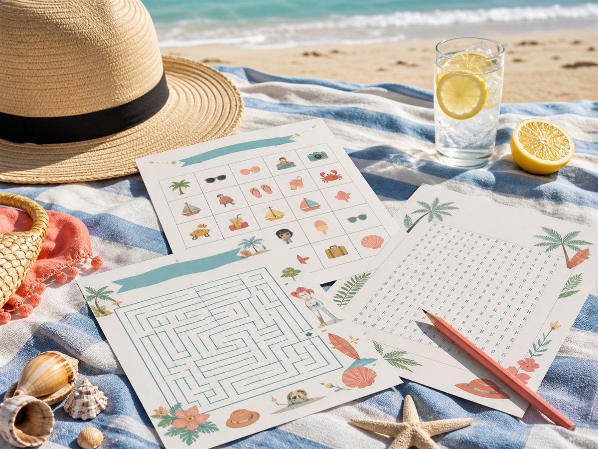 Summer travel, maze and word search sheets on a bright beach picnic blanket