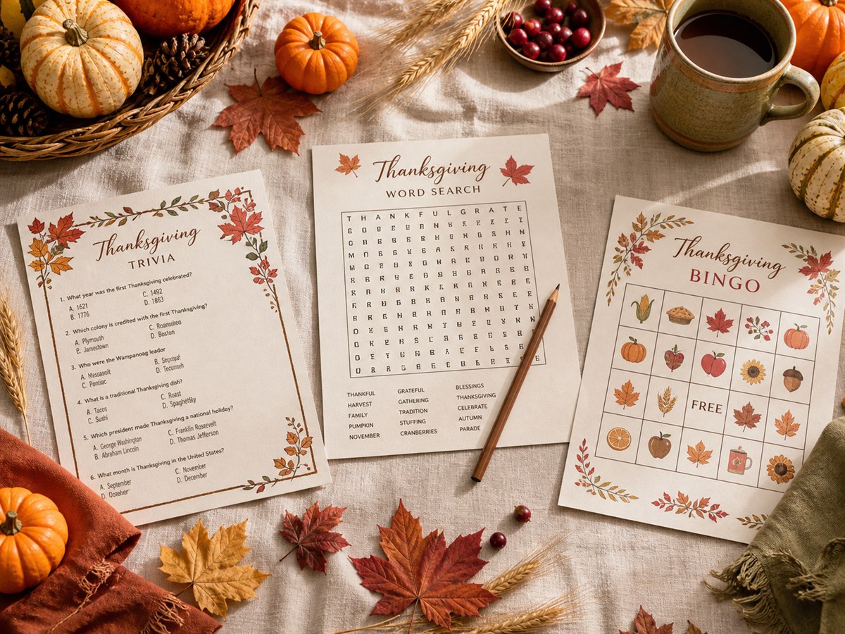Thanksgiving trivia, word search and bingo sheets on a harvest table