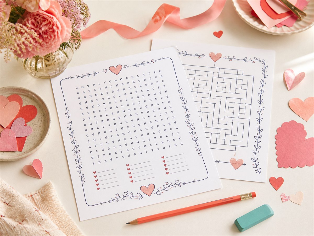 Valentine puzzle sheets with handmade paper hearts, flowers and coral stationery