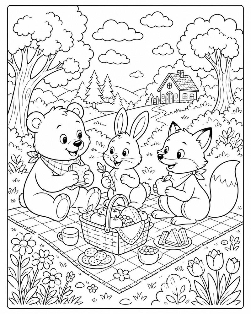 Woodland Friends Picnic Coloring Page line-art preview