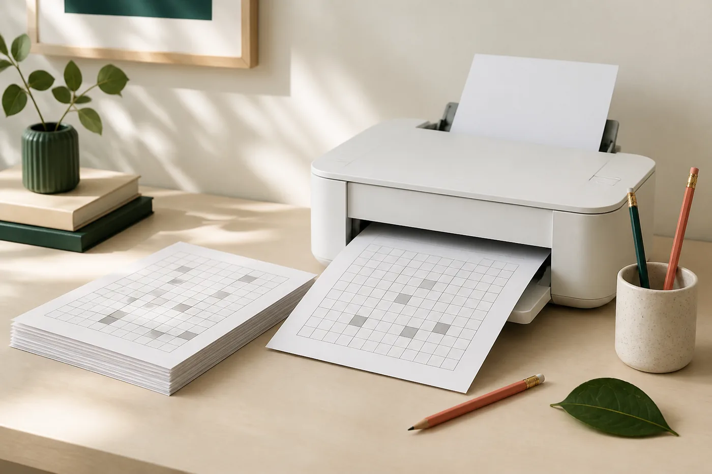 A home printer producing a clean puzzle sheet beside pencils and paper