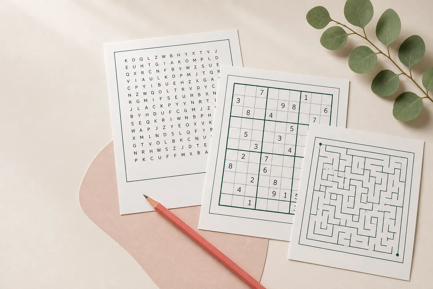 A curated stack of printable word search, Sudoku and maze activities