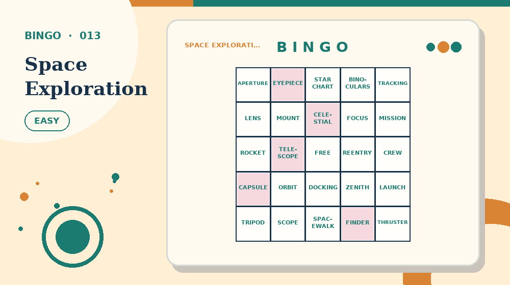 Actual space exploration Bingo activity preview from this puzzle page