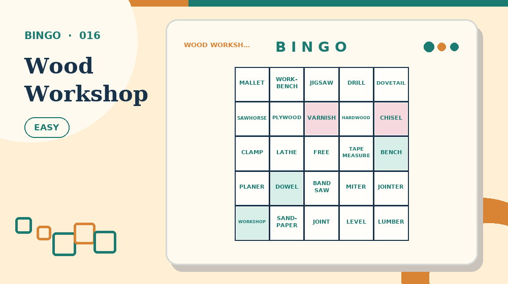 Actual wood workshop Bingo activity preview from this puzzle page
