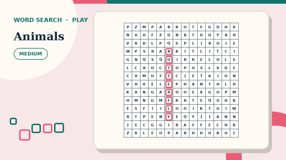 Actual animals Word Search activity preview from this puzzle page