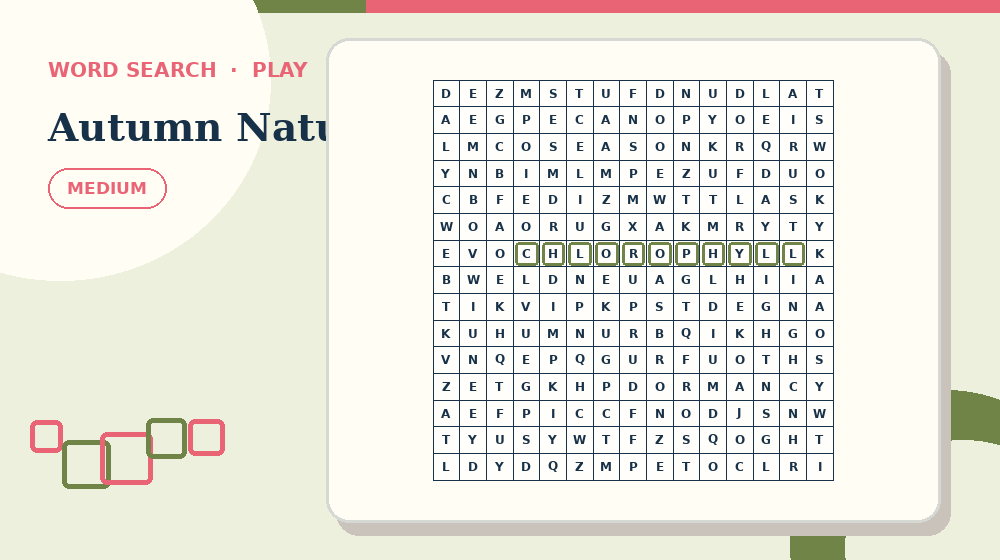 Actual autumn nature Word Search activity preview from this puzzle page