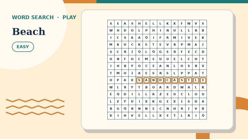 Actual beach Word Search activity preview from this puzzle page