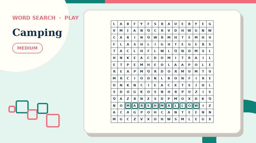 Actual camping Word Search activity preview from this puzzle page