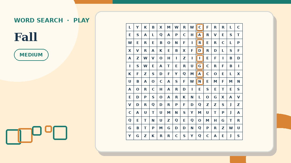 Actual fall Word Search activity preview from this puzzle page