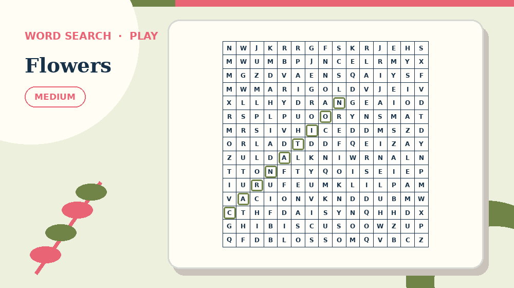 Actual flowers Word Search activity preview from this puzzle page
