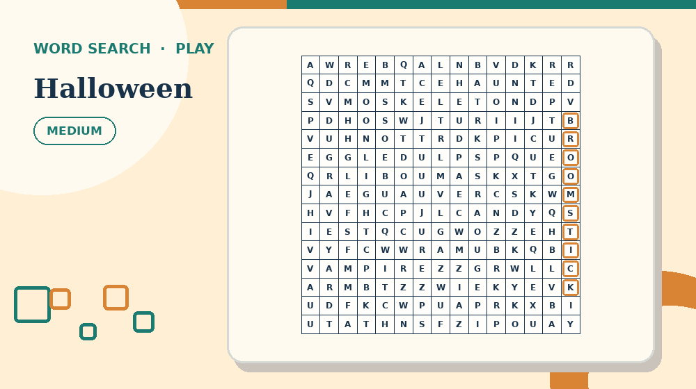 Actual halloween Word Search activity preview from this puzzle page