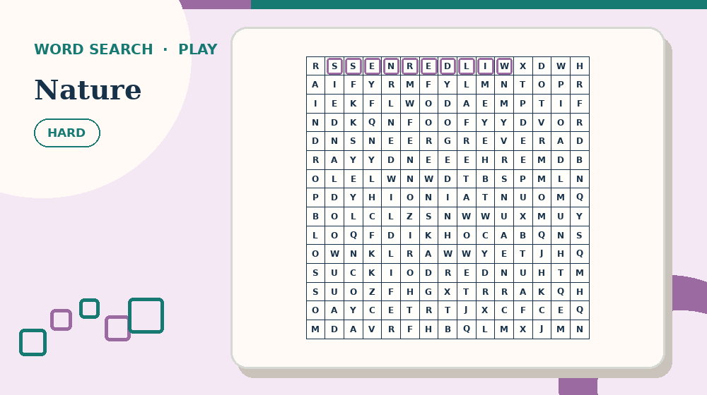 Actual nature Word Search activity preview from this puzzle page