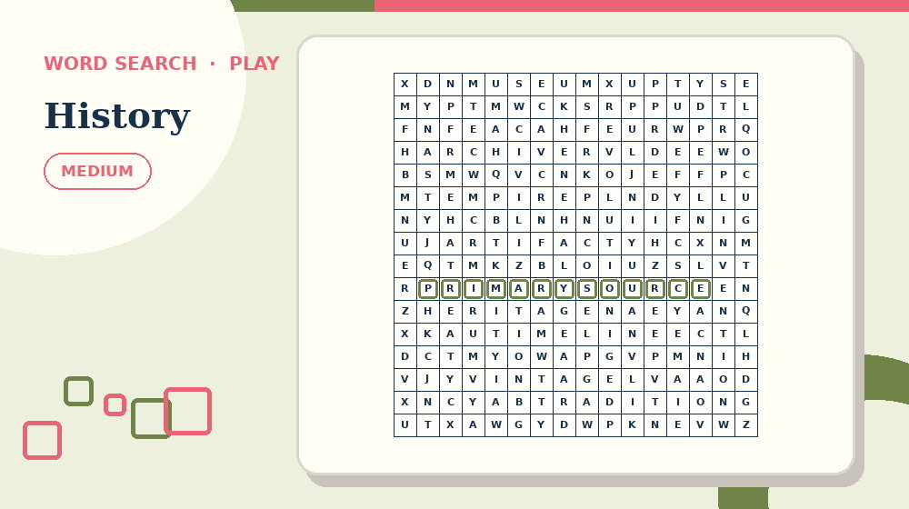 Actual history Word Search activity preview from this puzzle page