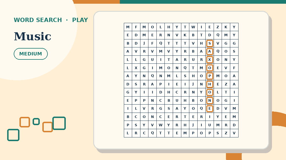 Actual music Word Search activity preview from this puzzle page