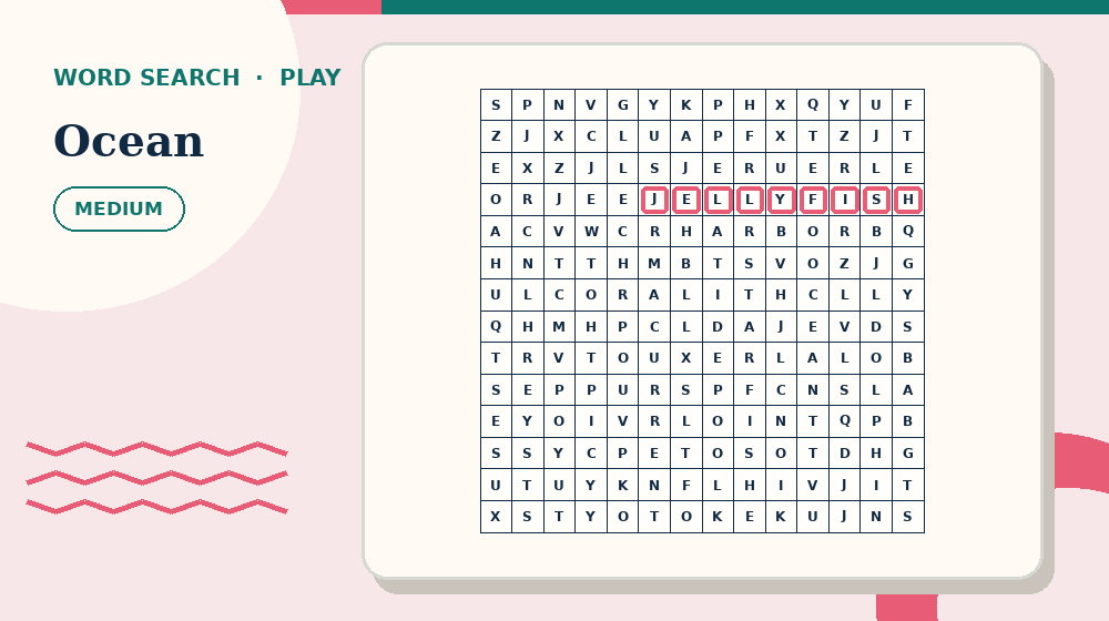 Actual ocean Word Search activity preview from this puzzle page
