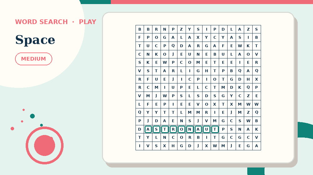 Actual space Word Search activity preview from this puzzle page