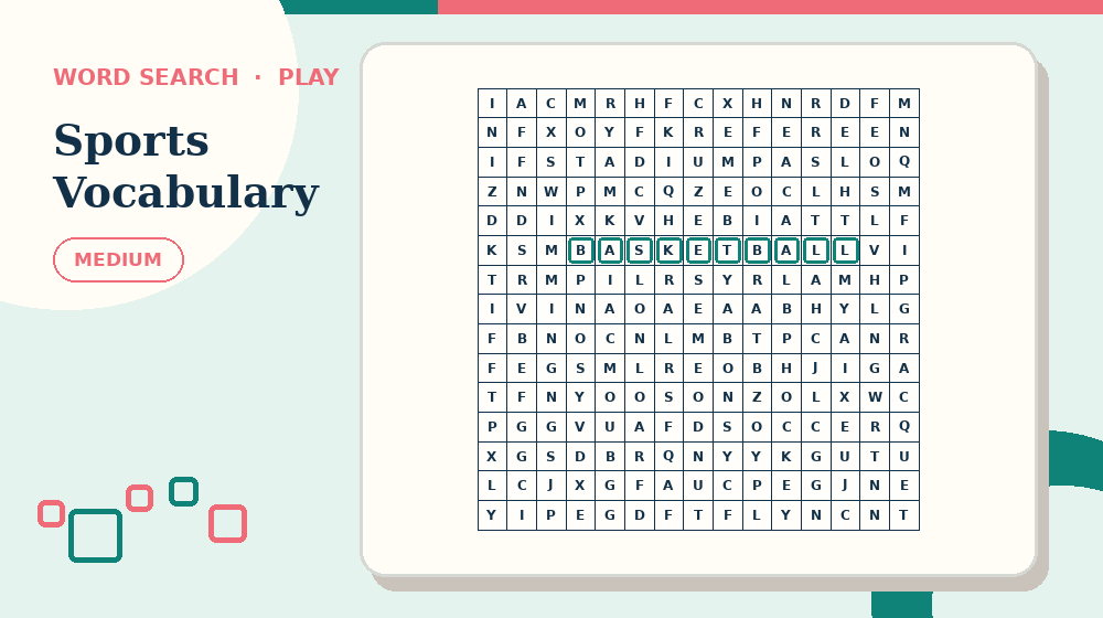 Actual sports vocabulary Word Search activity preview from this puzzle page