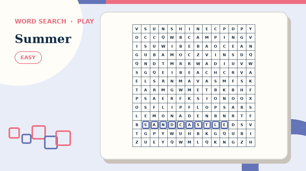 Actual summer Word Search activity preview from this puzzle page