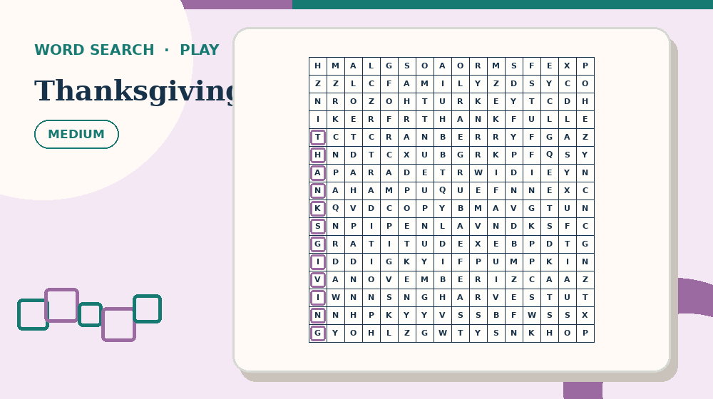 Actual thanksgiving Word Search activity preview from this puzzle page