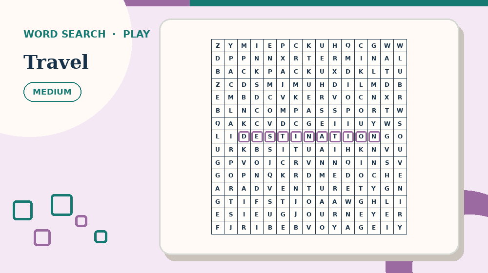 Actual travel Word Search activity preview from this puzzle page