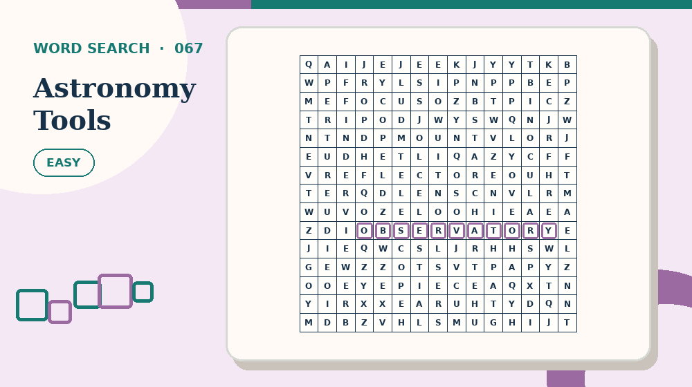 Actual astronomy tools Word Search activity preview from this puzzle page