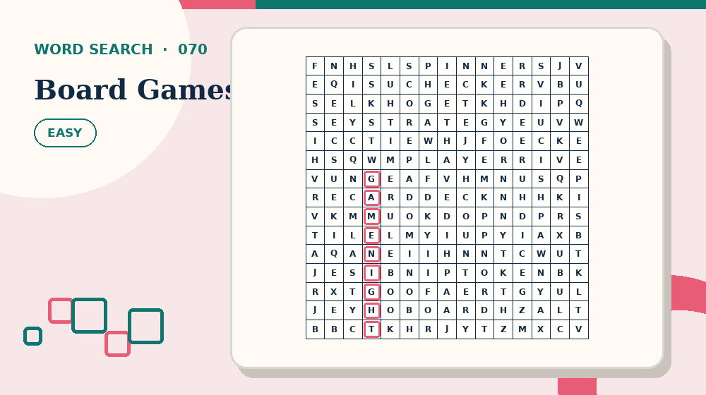 Actual board games Word Search activity preview from this puzzle page