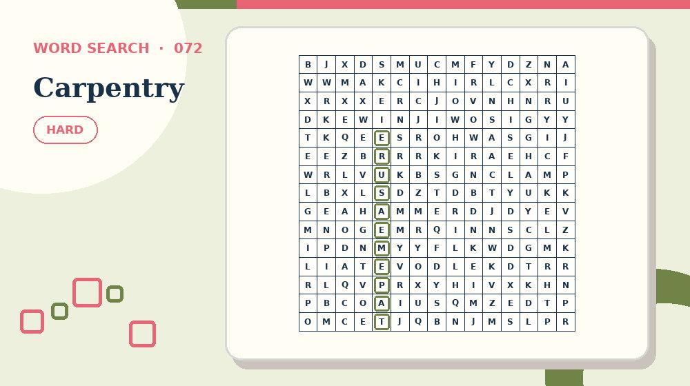 Actual carpentry Word Search activity preview from this puzzle page