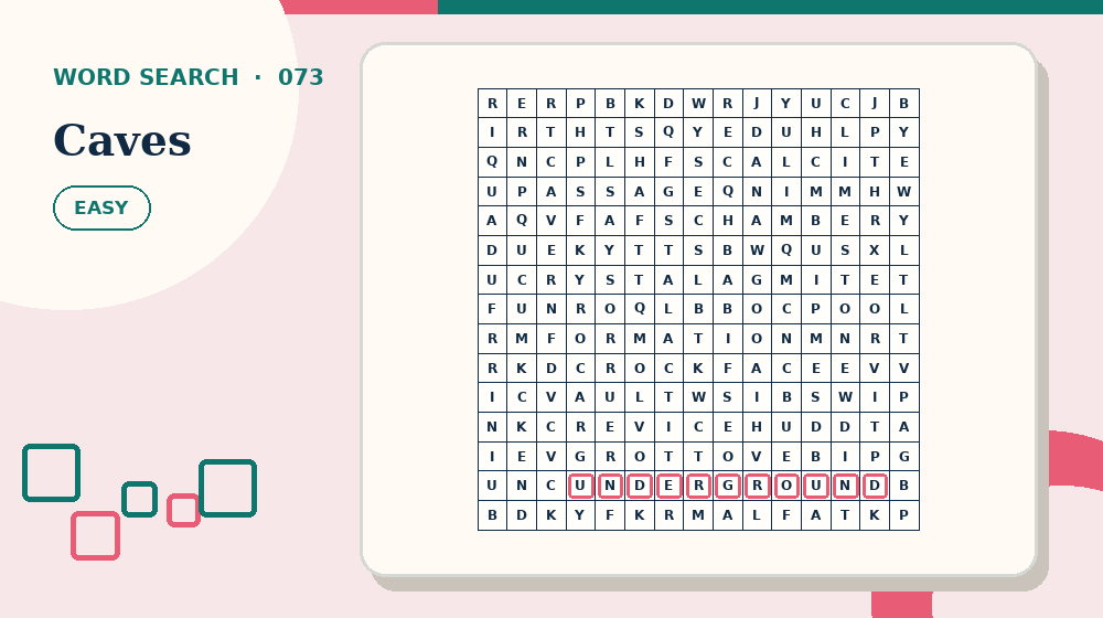Actual caves Word Search activity preview from this puzzle page