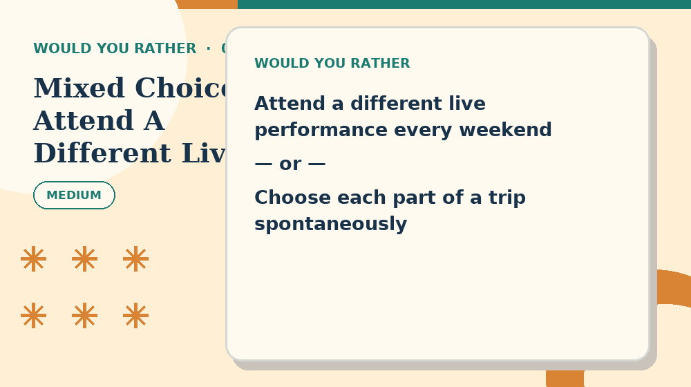 Actual mixed choices: Attend A Different Live Performance or Choose Each Part Of A Would You Rather activity preview from this puzzle page